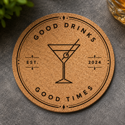 Signature Cork Cocktail Coaster | Personalized Laser Engraved Bar Coaster