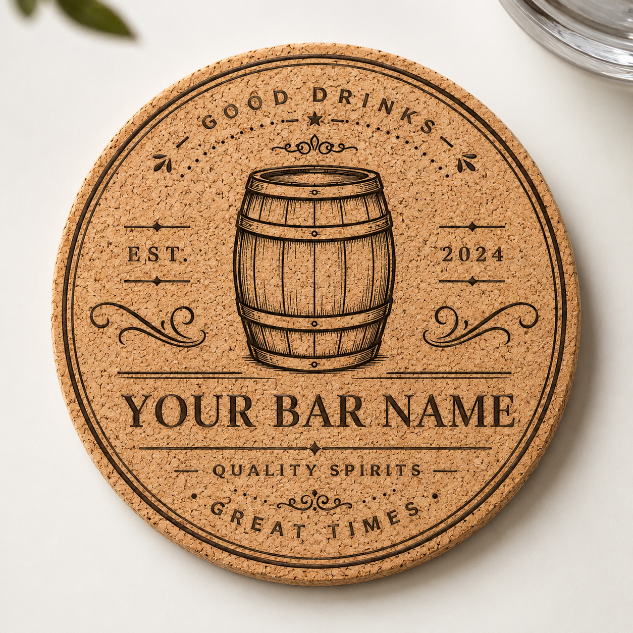 Barrel & Bloom Cork Coaster | Personalized Laser Engraved Cork Coaster