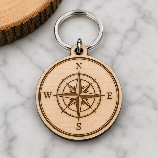Personalized Wooden Compass Keychain – Laser Engraved Wood Keyring – Rustic Travel Gift