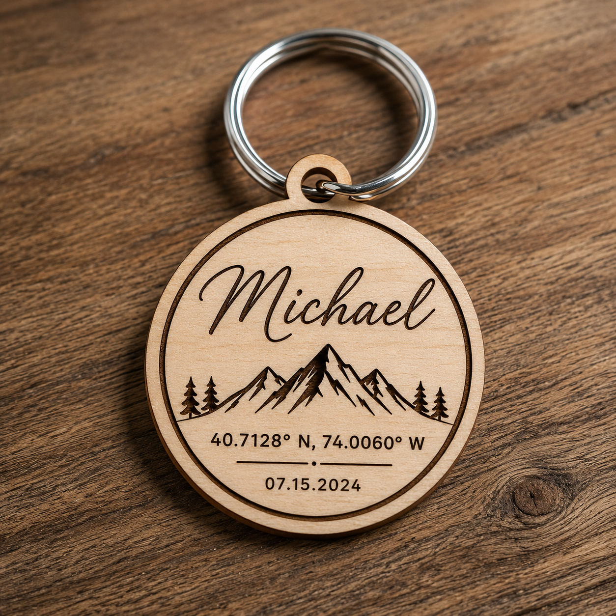 Personalized Wooden Compass Keychain