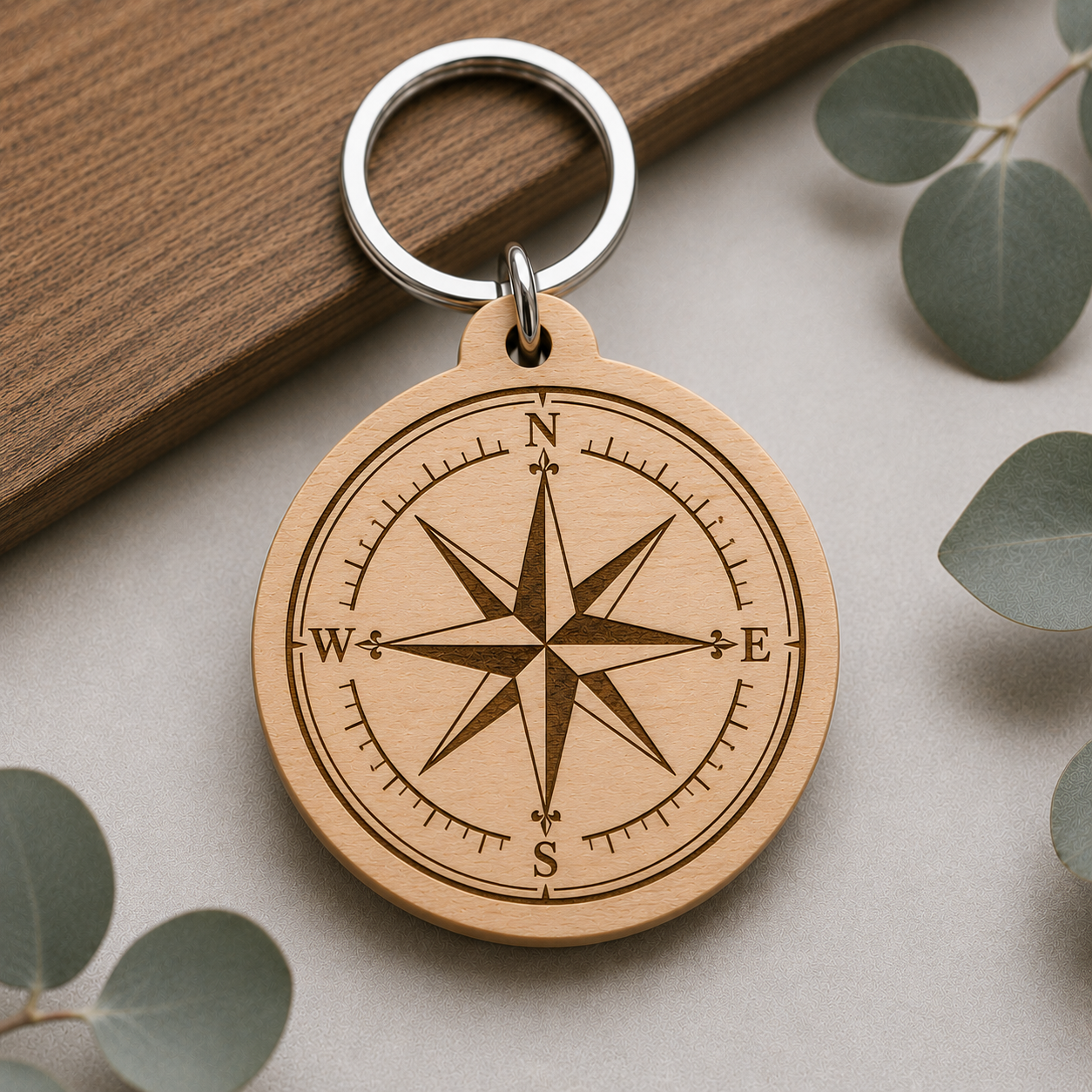 Personalized Wooden Compass Keychain