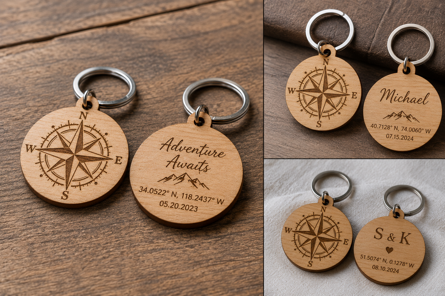 Personalized Wooden Compass Keychain