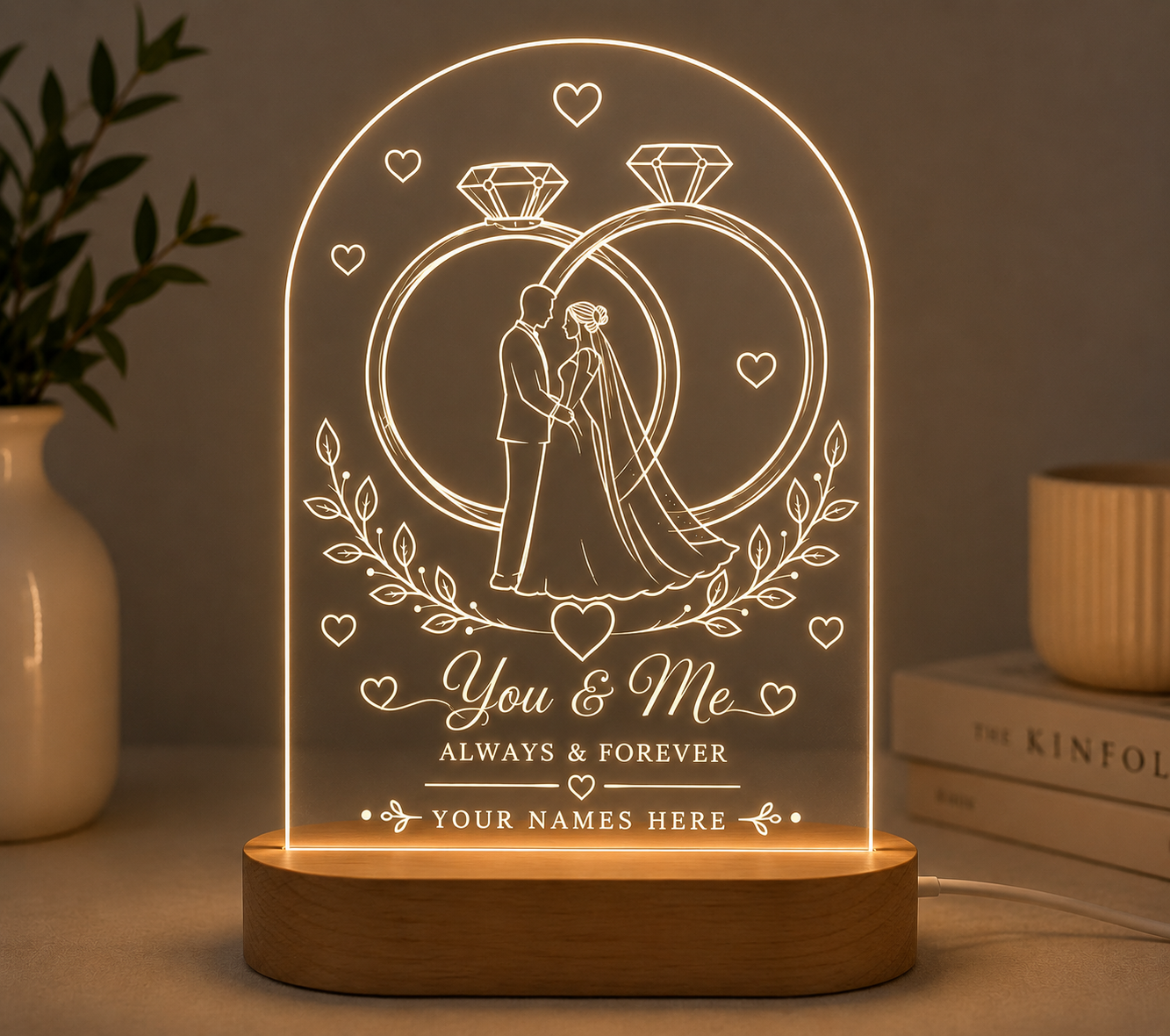 Custom Couple Acrylic Lamp with Rings & Names